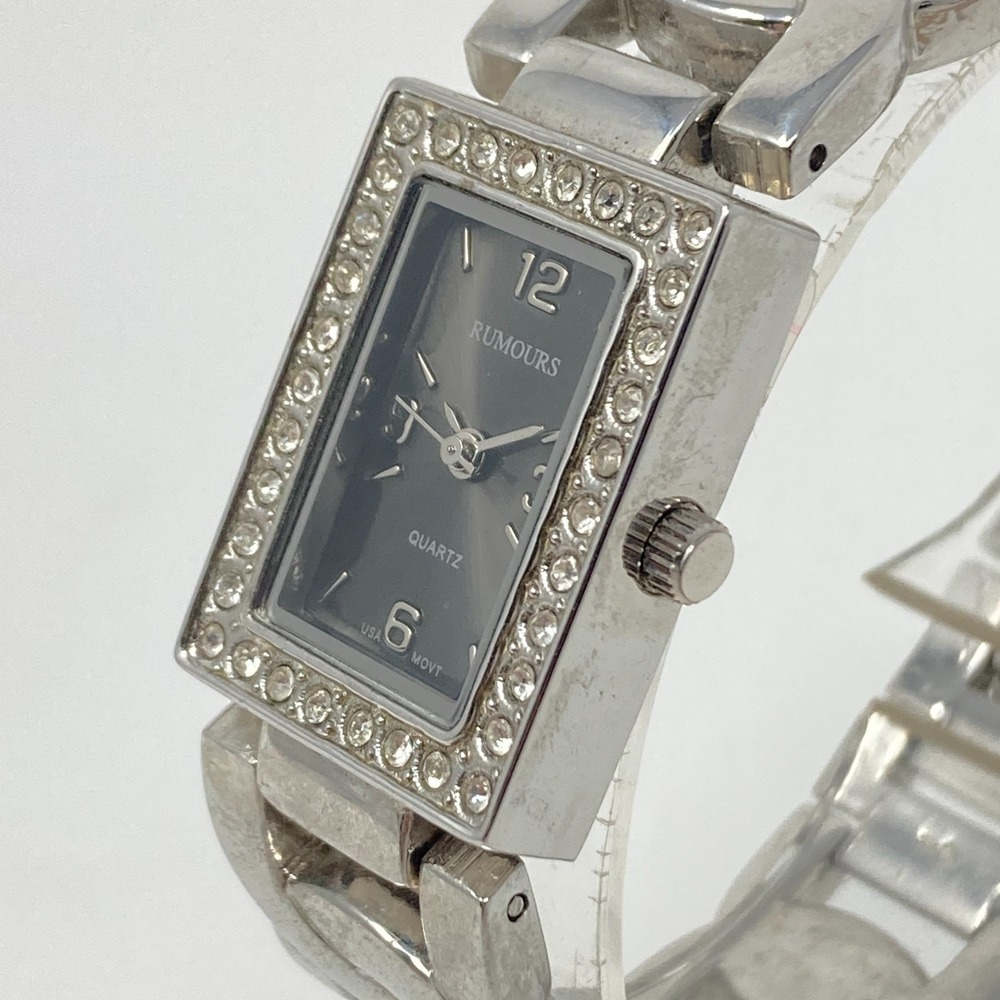 Rumours Women's Watch 20mm Silver Tone Gray Dial Crystals Tank New Battery 7.25"